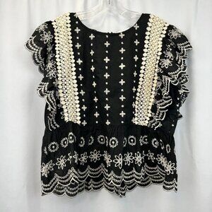 Monograph Womens Black Embroidered Back Zip Round Neck Cropped Top Size Medium